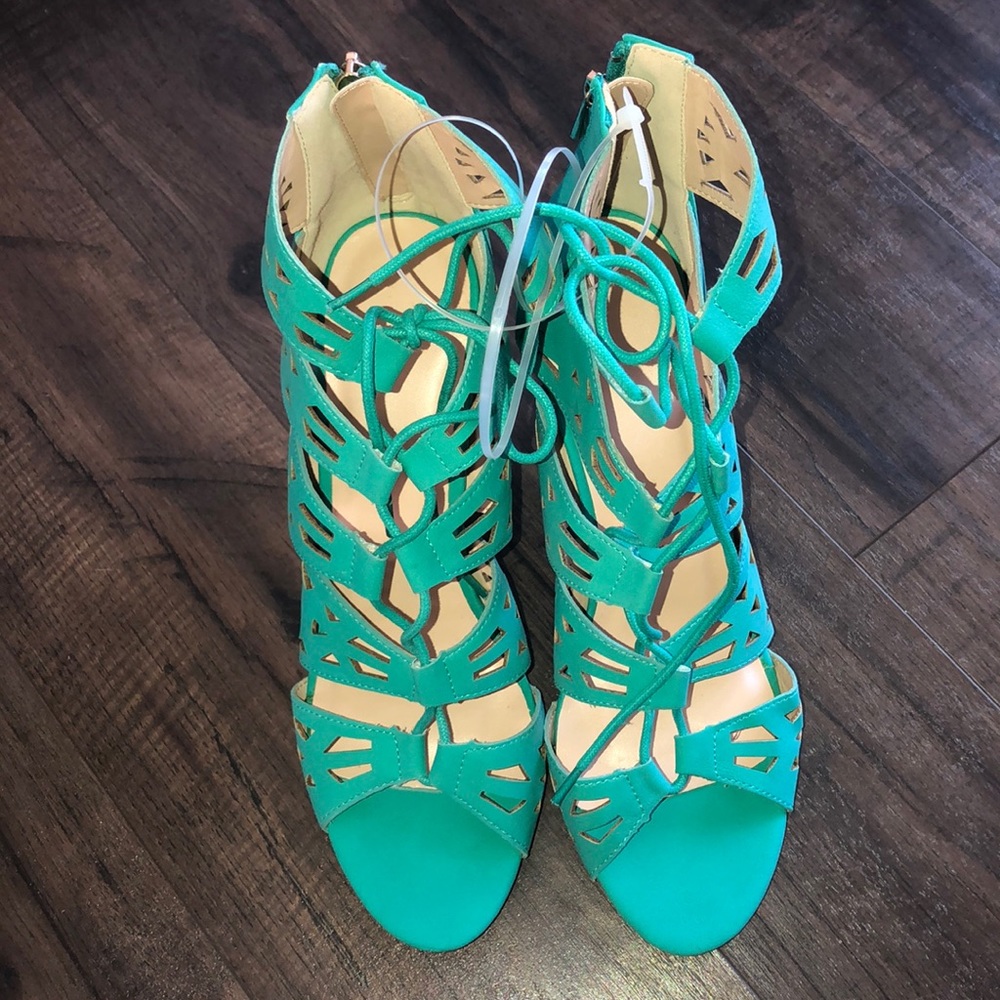 Avon Teal Lace Up Caged Heels - Picture 3 of 6